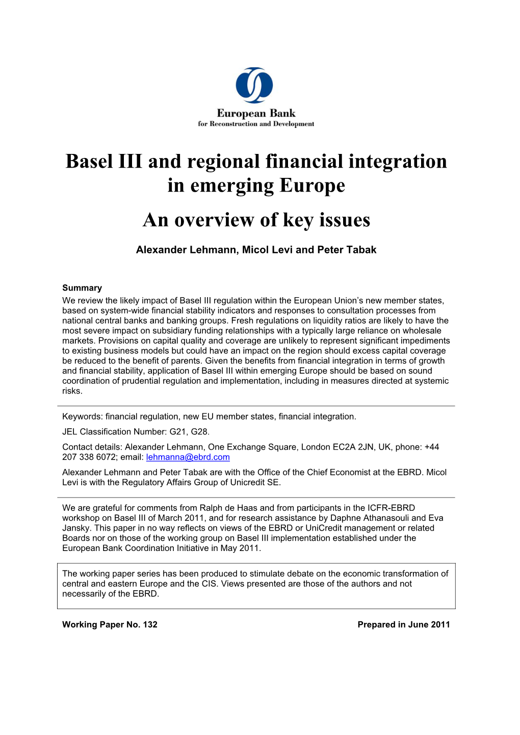 Basel III and Regional Financial Integration in Emerging Europe an Overview of Key Issues