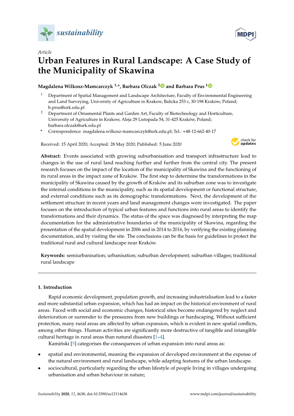 Urban Features in Rural Landscape: a Case Study of the Municipality of Skawina