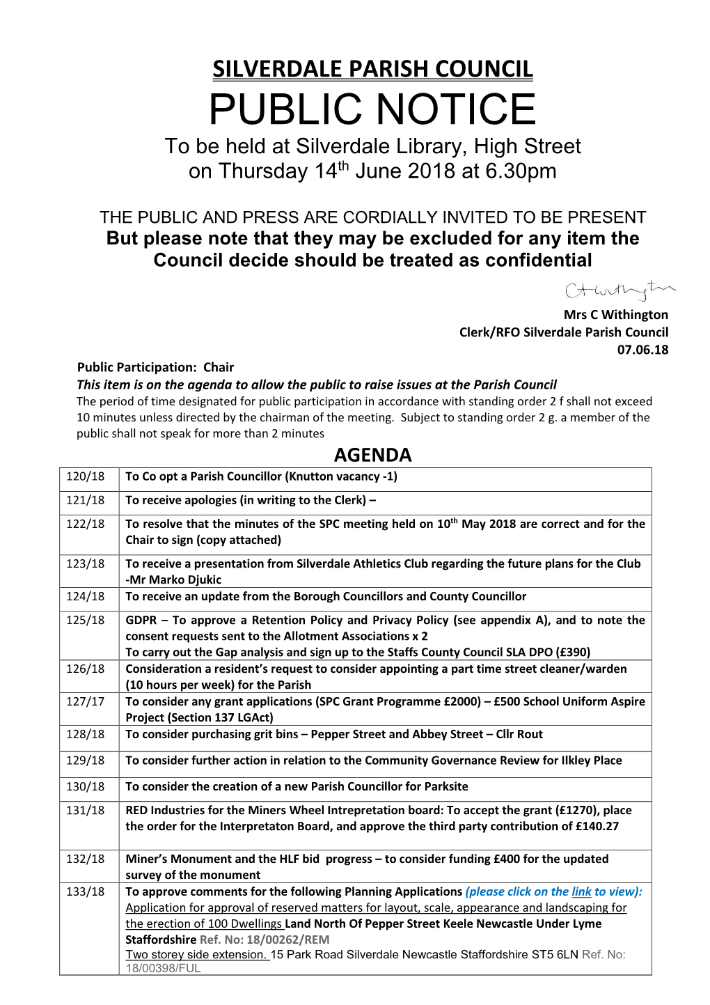 PUBLIC NOTICE to Be Held at Silverdale Library, High Street on Thursday 14Th June 2018 at 6.30Pm