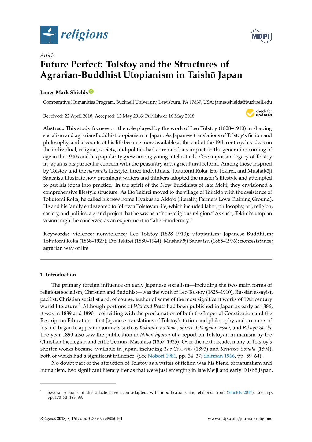 Tolstoy and the Structures of Agrarian-Buddhist Utopianism in Taisho¯ Japan