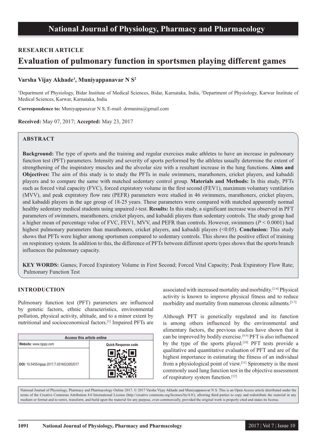 Evaluation of Pulmonary Function in Sportsmen Playing Different Games