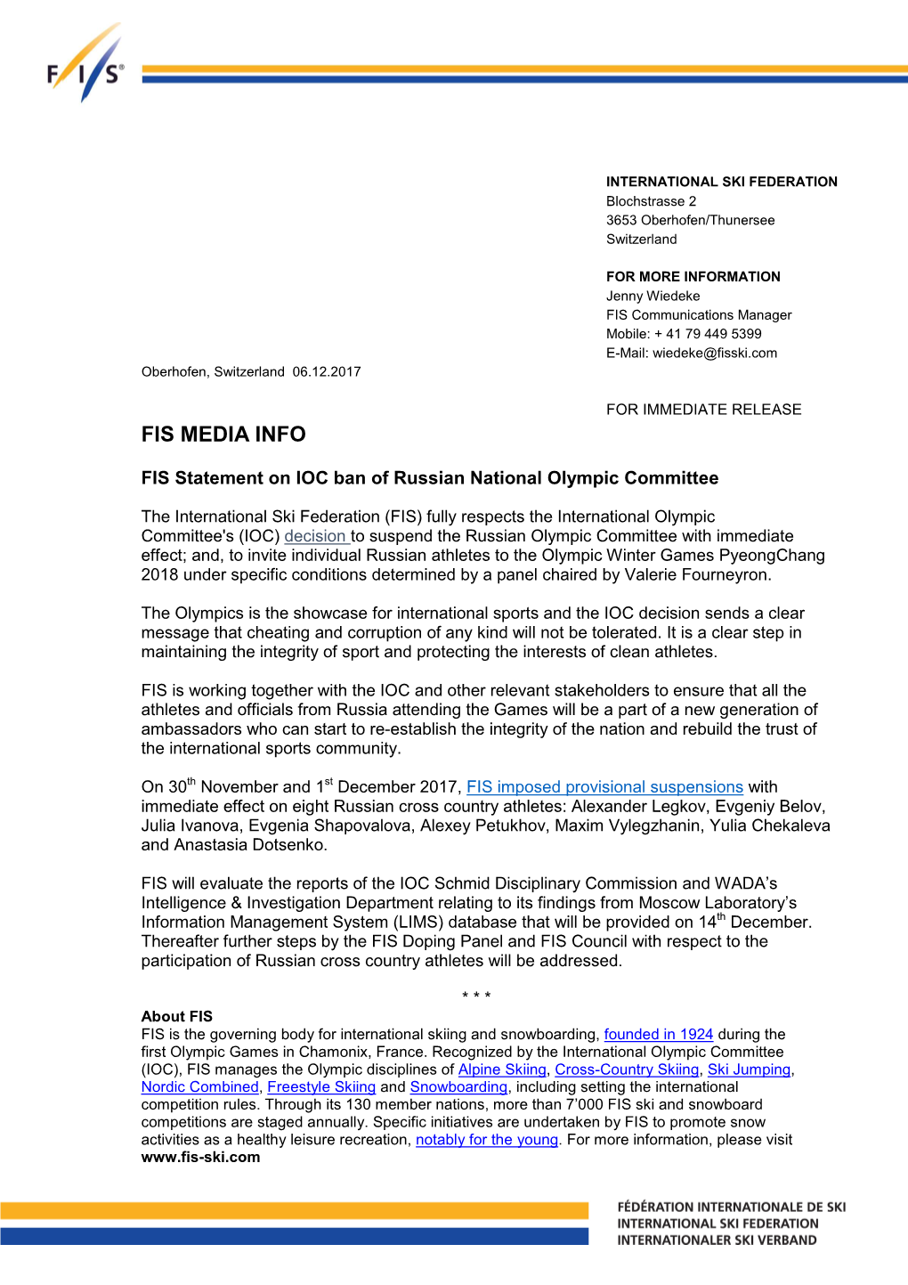 FIS Statement on IOC Ban of Russian National Olympic Committee