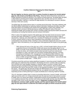 Coalition Statement Opposing the Global Gag Rule 2017