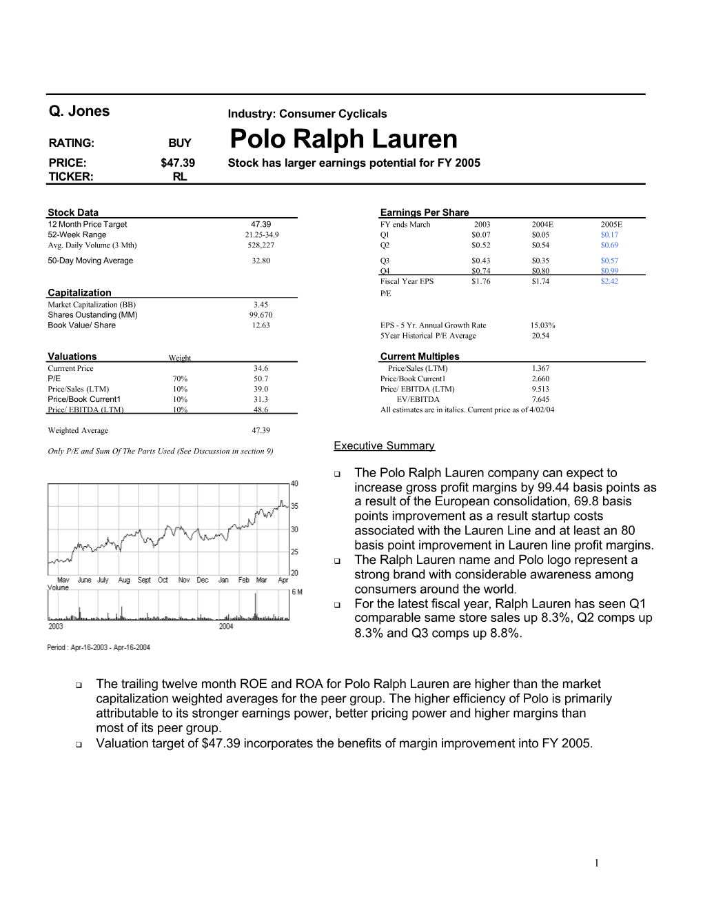 Polo Ralph Lauren PRICE: $47.39 Stock Has Larger Earnings Potential for FY 2005 TICKER: RL