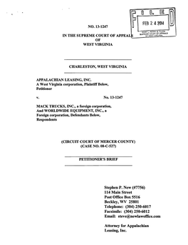 Petitioner's Brief, Appalachian Leasing, Inc. V. Mack Trucks, Inc. And