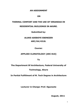 An Assignment on Thermal Comfort and the Use Of