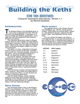 Building the Keths Building the Keths STAR TREK ADVENTURES Character Generation Alternatives, Version 1.1 by Patrick Goodman