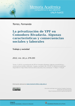 La Privatización De YPF En Comodoro Rivadavia. Algunas Características Y Consecuencias Sociales Y Laborales