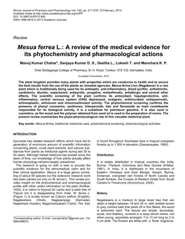 Mesua Ferrea L.: a Review of the Medical Evidence for Its Phytochemistry and Pharmacological Actions