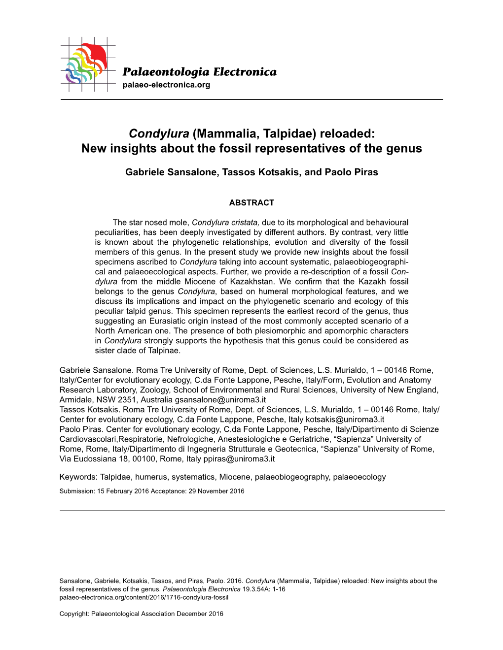 Condylura (Mammalia, Talpidae) Reloaded: New Insights About the Fossil Representatives of the Genus