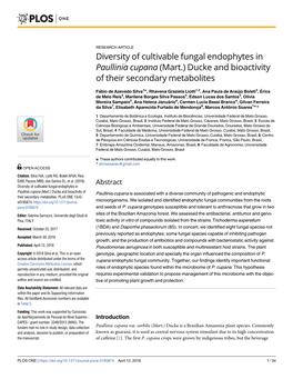 Diversity of Cultivable Fungal Endophytes in Paullinia Cupana (Mart.) Ducke and Bioactivity of Their Secondary Metabolites