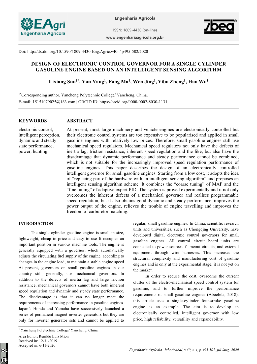 Design of Electronic Control Governor for a Single Cylinder Gasoline Engine Based on an Intelligent Sensing Algorithm