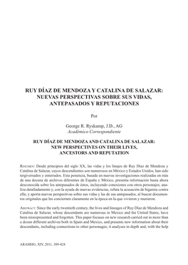 Ruy Díaz De Mendoza Y Catalina De Salazar: Nuevas Perspectivas Sobre Sus Vidas, Antepasados Y Reputaciones