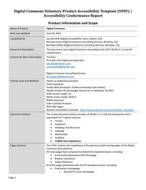 Digital Commons Voluntary Product Accessibility Template (VPAT) / Accessibility Conformance Report Product Information and Scope