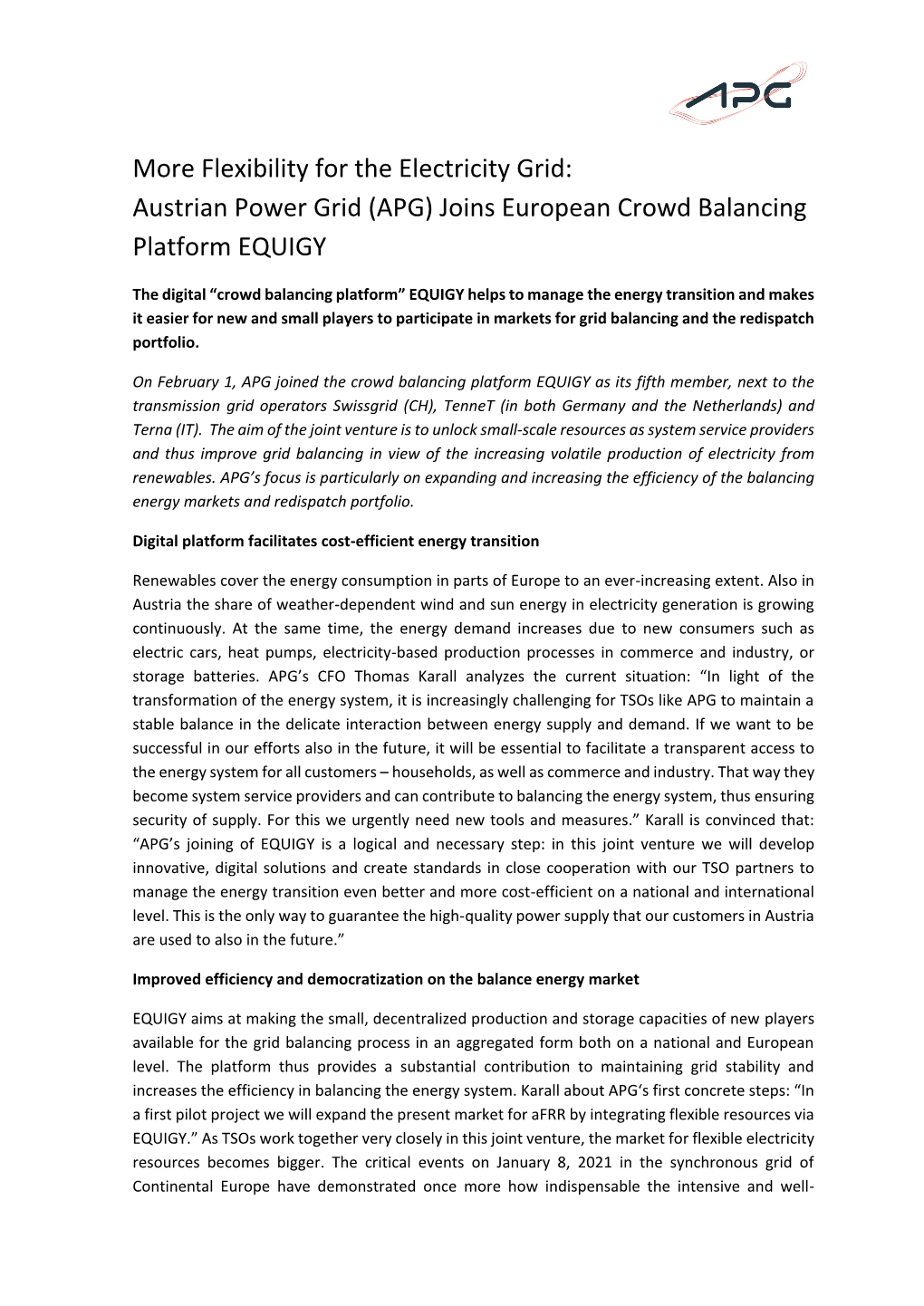 (APG) Joins European Crowd Balancing Platform EQUIGY