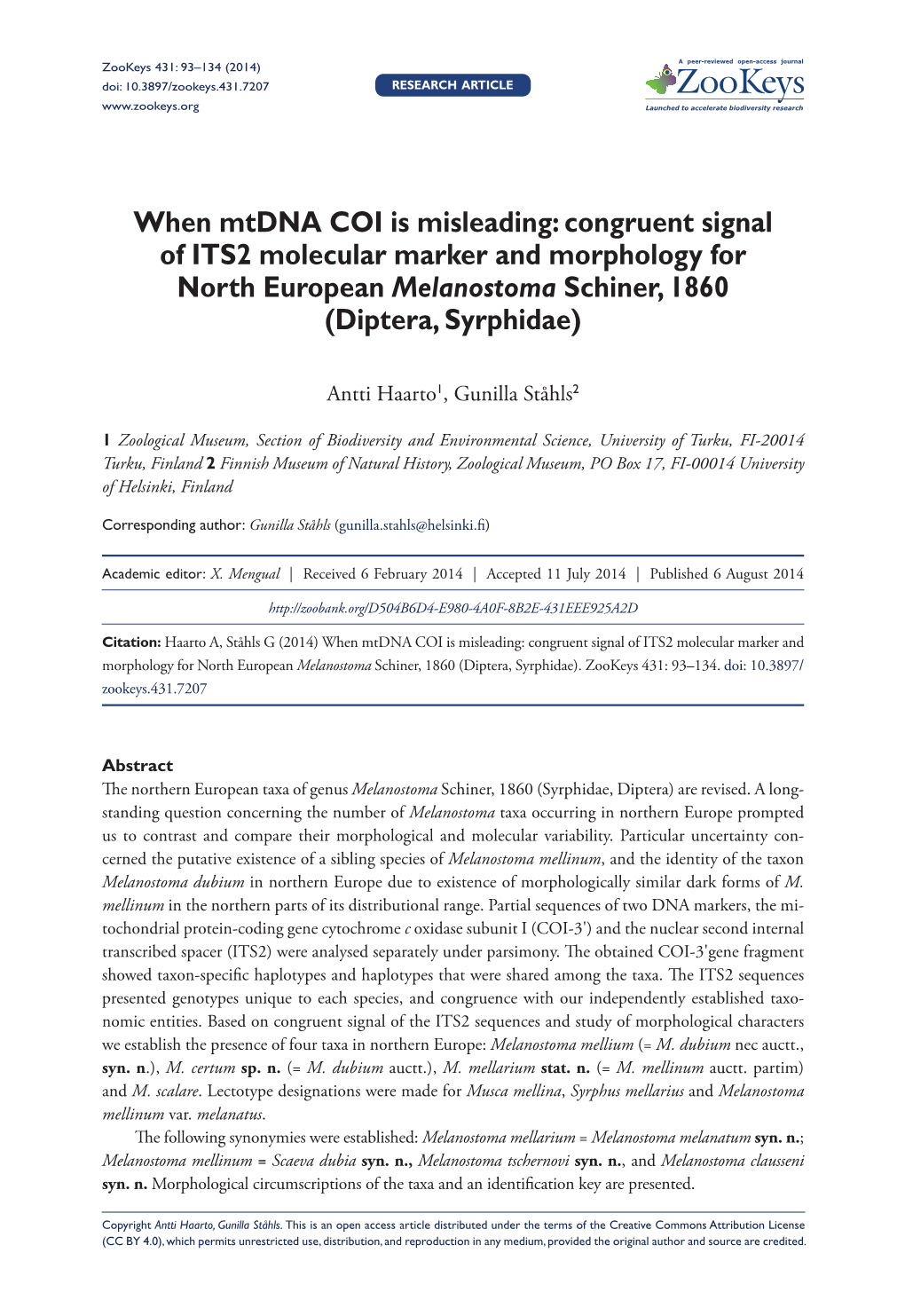 When Mtdna COI Is Misleading: Congruent Signal of ITS2 Molecular Marker and Morphology for North European Melanostoma Schiner, 1860 (Diptera, Syrphidae)