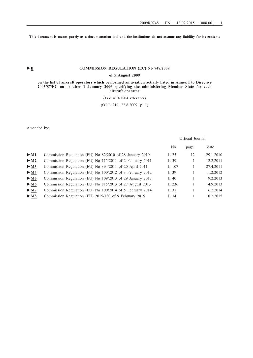 No 748/2009 of 5 August 2009 on the List of Aircraft Operators Which