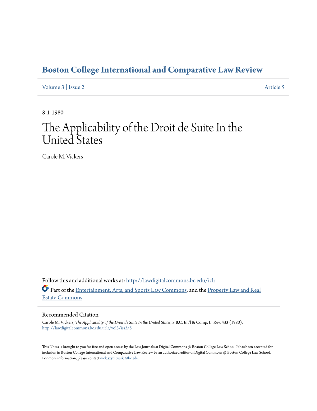The Applicability of the Droit De Suite in the United States Carole M