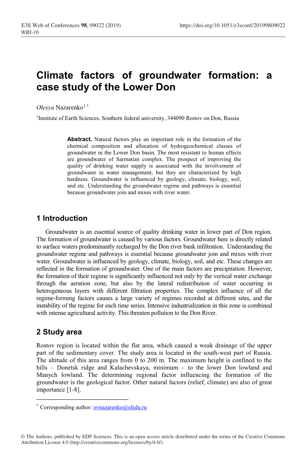 Climate Factors of Groundwater Formation: a Case Study of the Lower Don