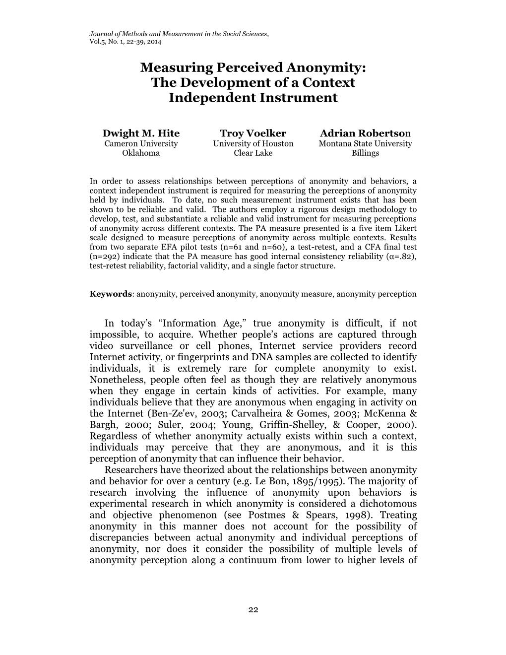 Measuring Perceived Anonymity: the Development of a Context Independent Instrument