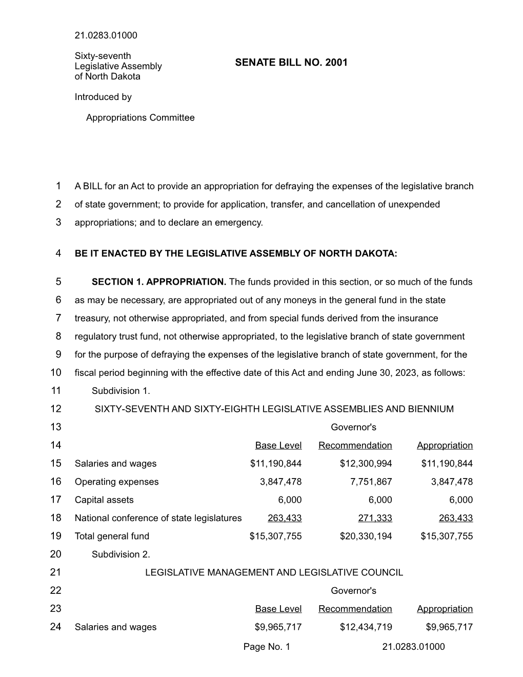 SENATE BILL NO. 2001 of North Dakota