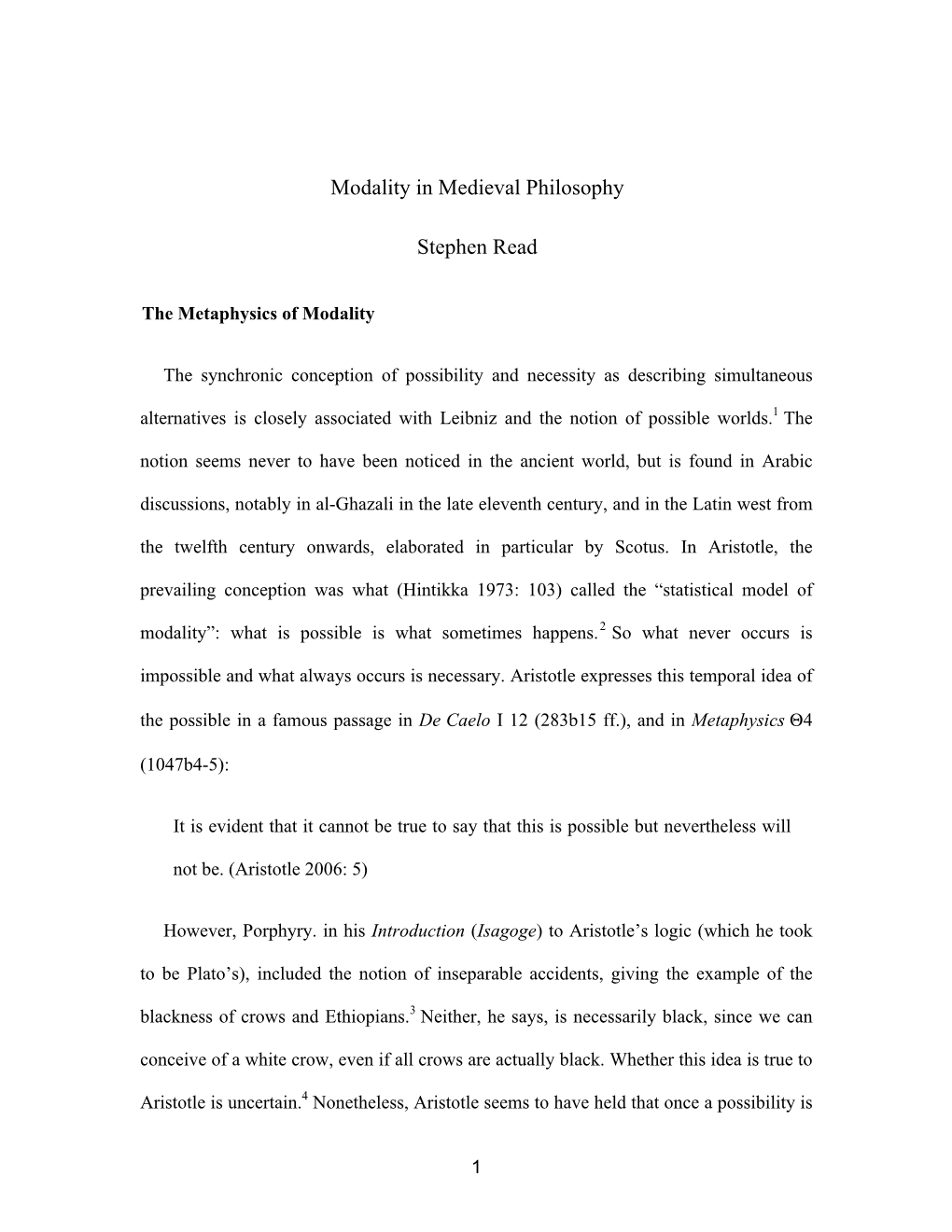 Modality in Medieval Philosophy Stephen Read