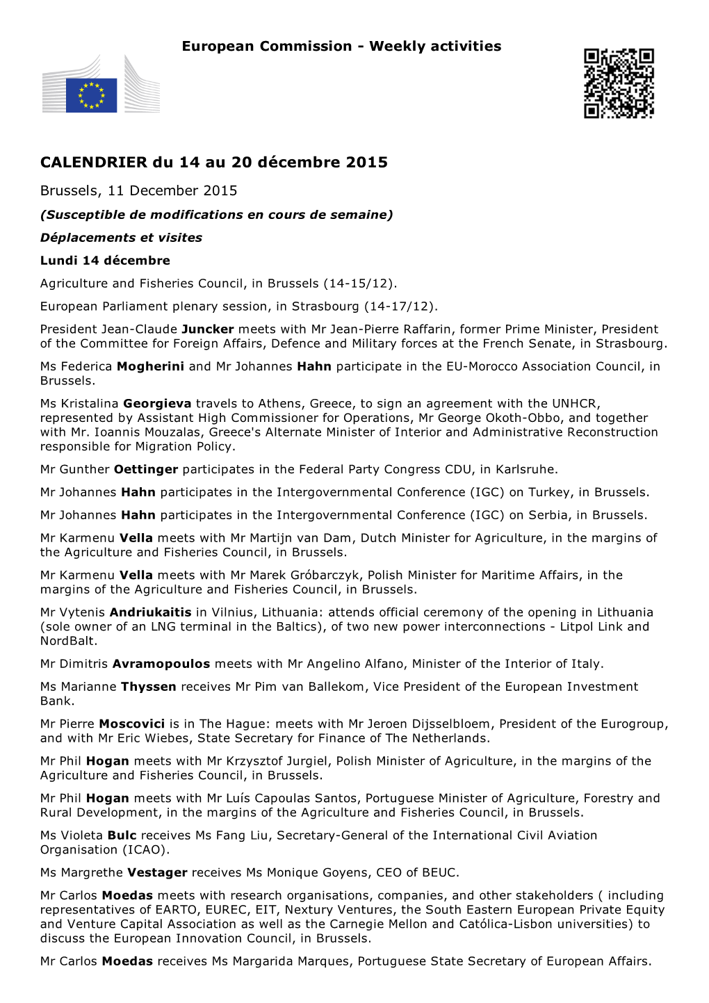 CALENDRIER Du 14 Au 20 Décembre 2015