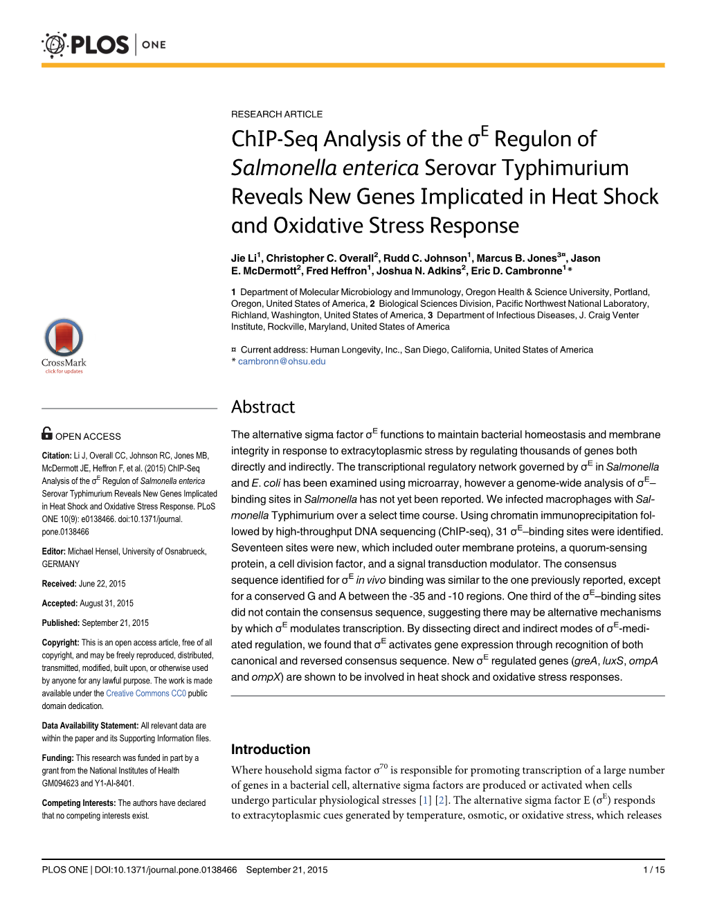 Chip-Seq Analysis of the Σe Regulon of Salmonella Enterica Serovar Typhimurium Reveals New Genes Implicated in Heat Shock and Oxidative Stress Response