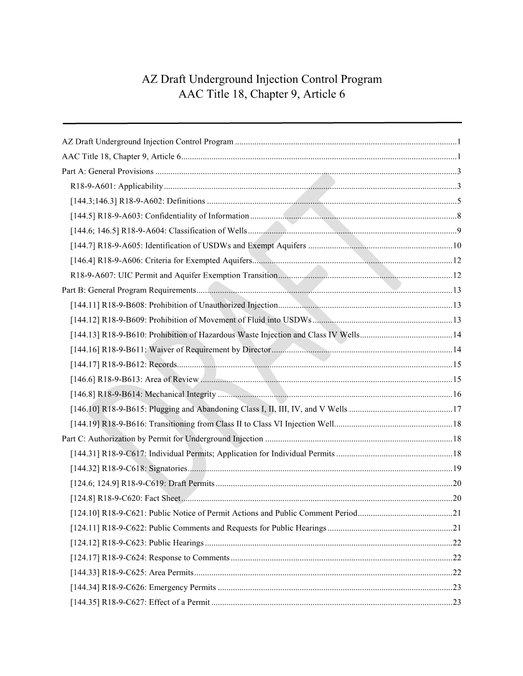 AZ Draft Underground Injection Control Program AAC Title 18, Chapter 9, Article 6