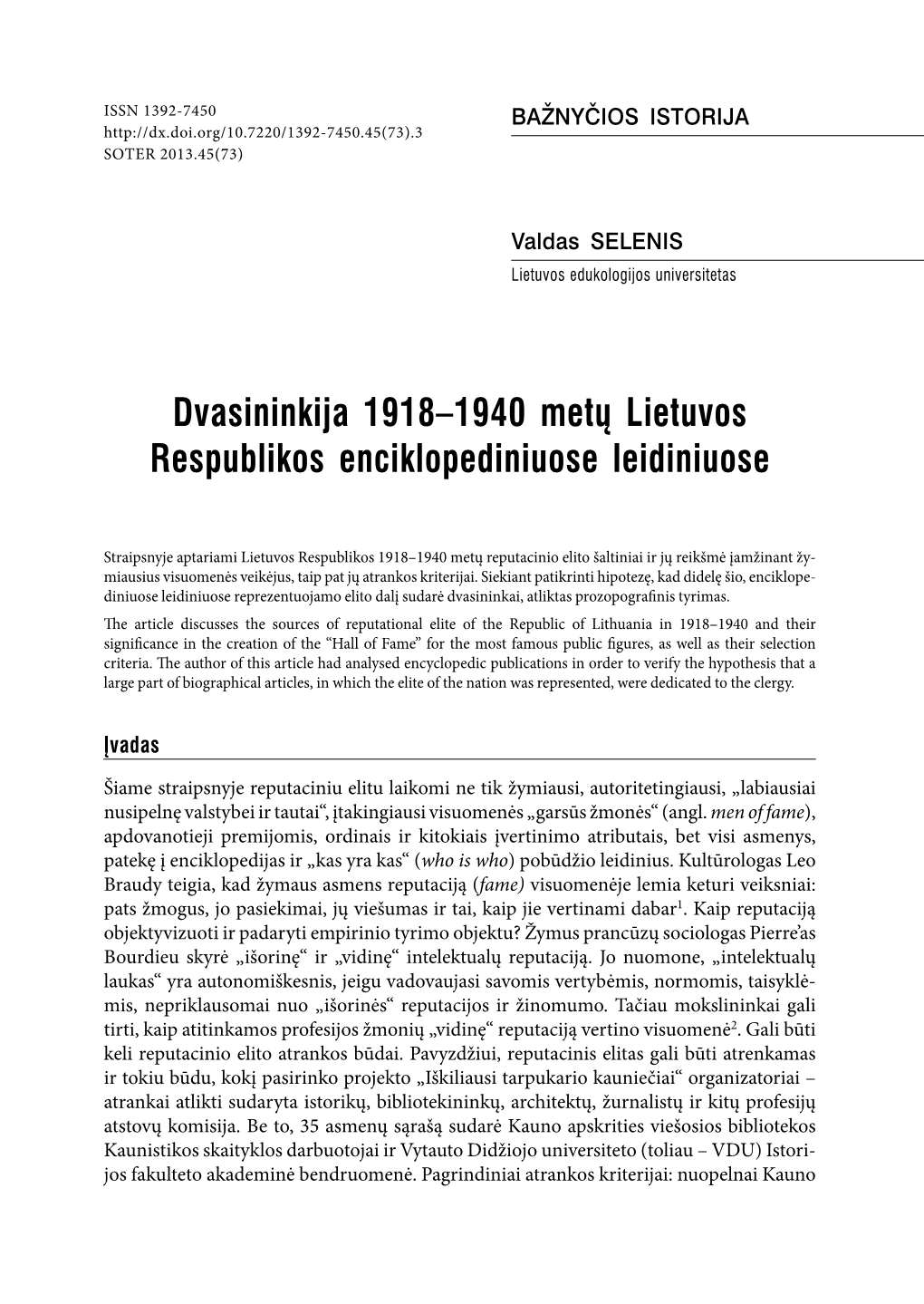 Dvasininkija 1918–1940 Metų Lietuvos Respublikos Enciklopediniuose Leidiniuose