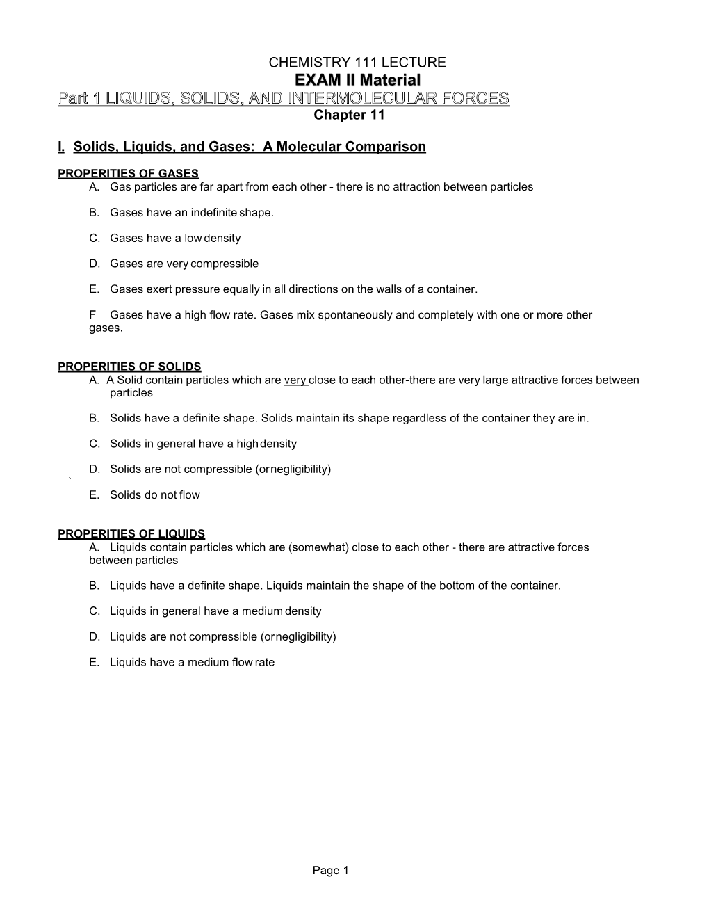 CHEMISTRY 111 LECTURE EXAM II Material