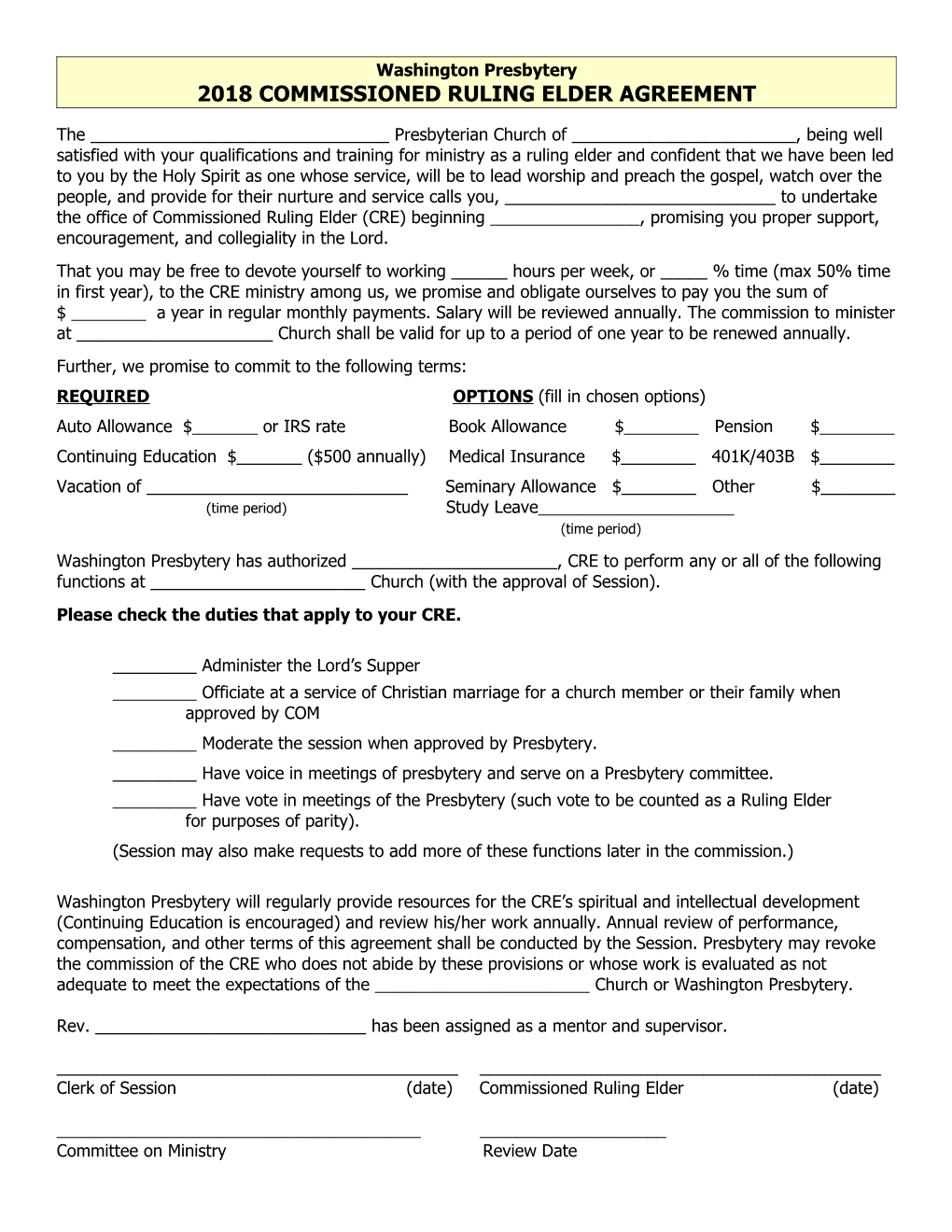 2018 Commissioned Ruling Elder Agreement