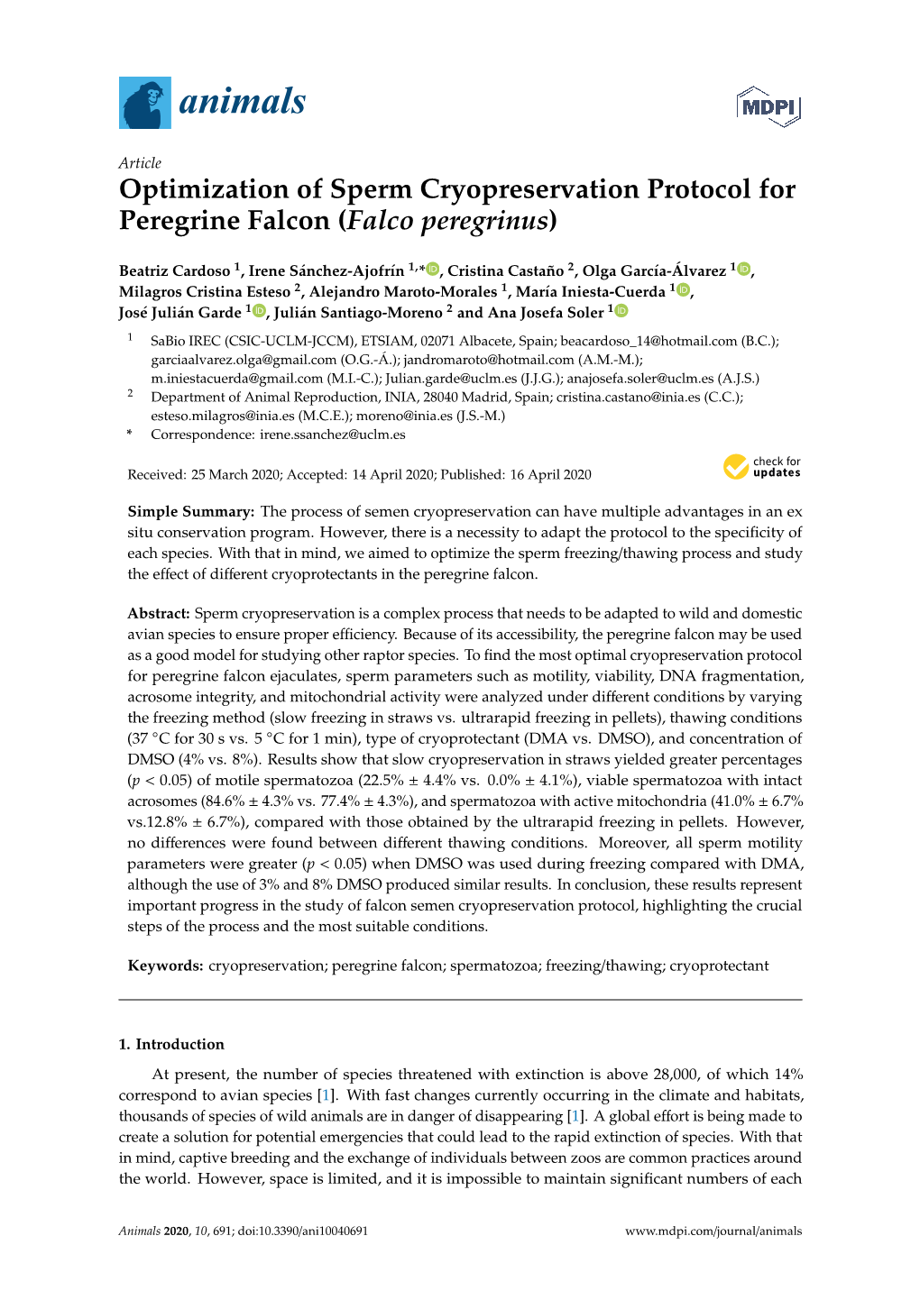 Optimization of Sperm Cryopreservation Protocol for Peregrine Falcon (Falco Peregrinus)