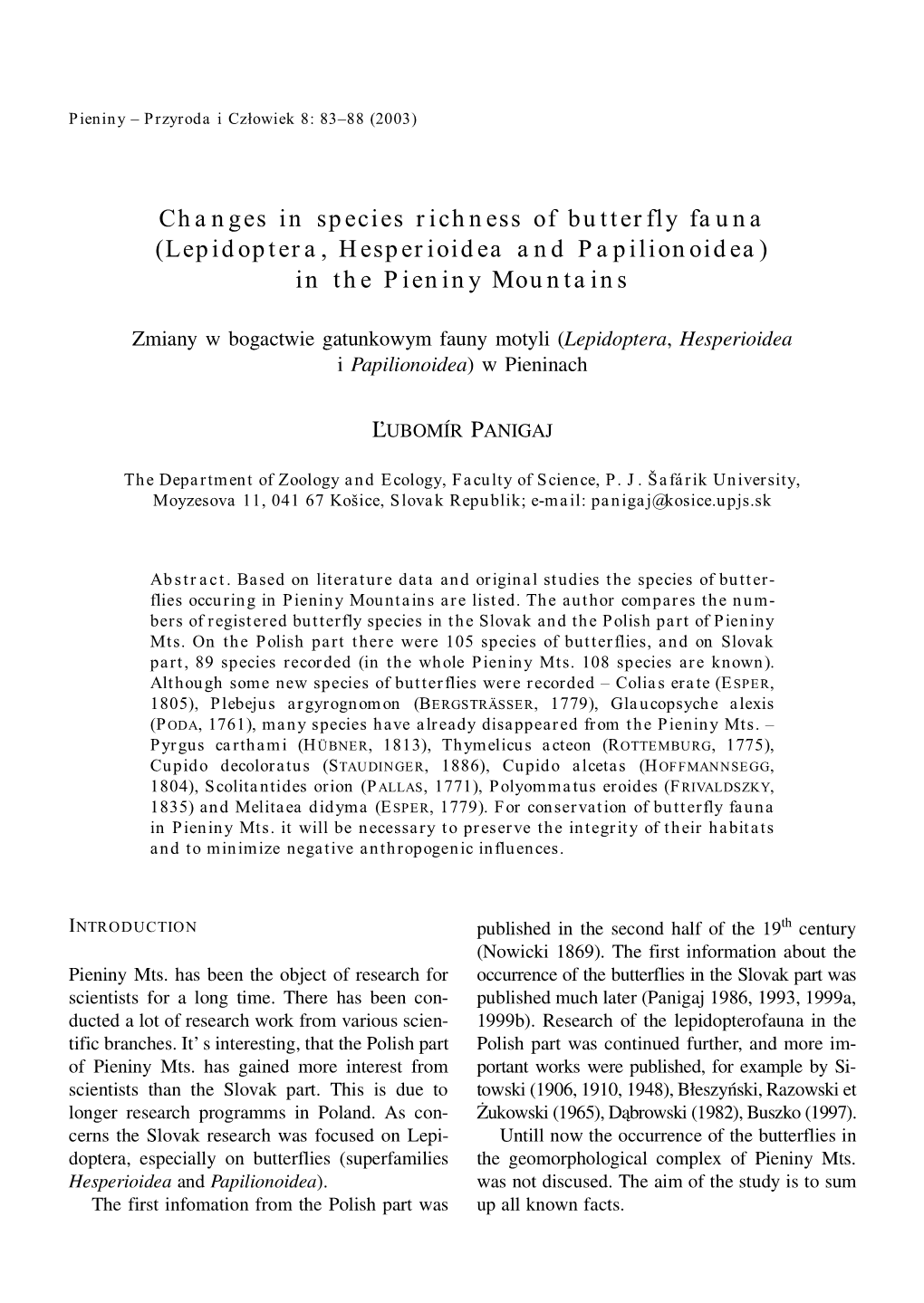 Changes in Species Richness of Butterfly Fauna (Lepidoptera, Hesperioidea and Papilionoidea) in the Pieniny Mountains