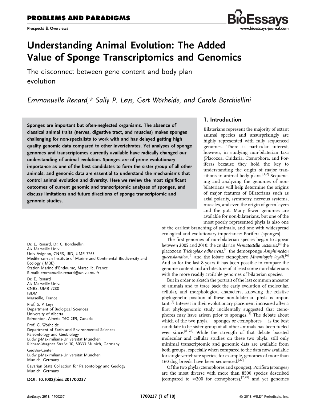 Understanding Animal Evolution: the Added Value of Sponge Transcriptomics and Genomics the Disconnect Between Gene Content and Body Plan Evolution