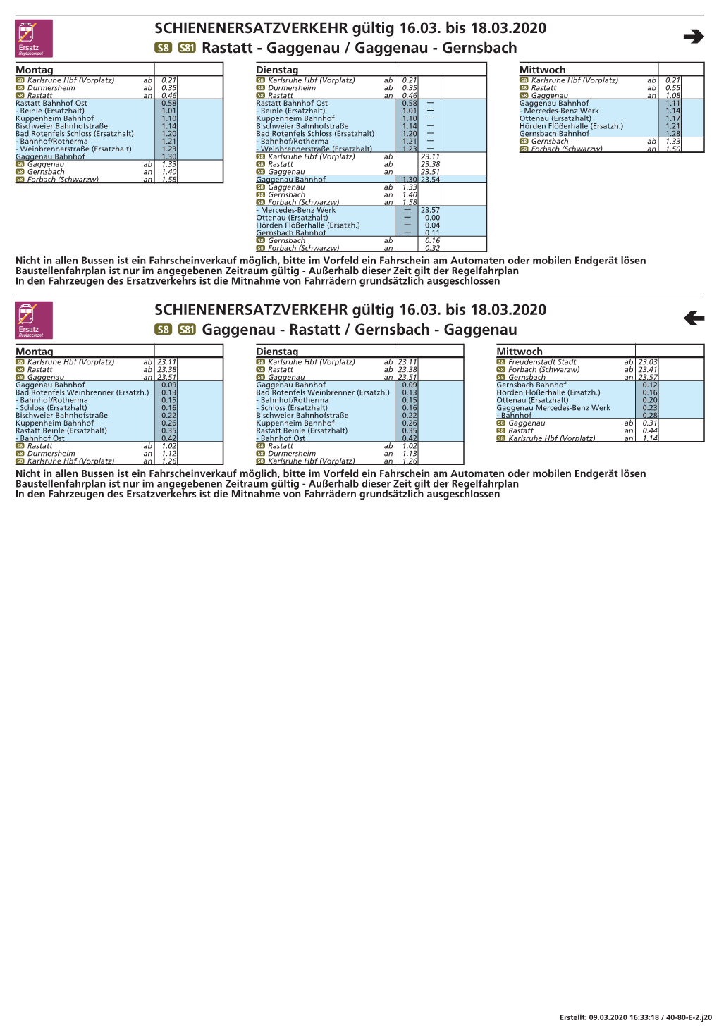 SCHIENENERSATZVERKEHR Gültig 16.03. Bis 18.03.2020 S8 S81 Rastatt