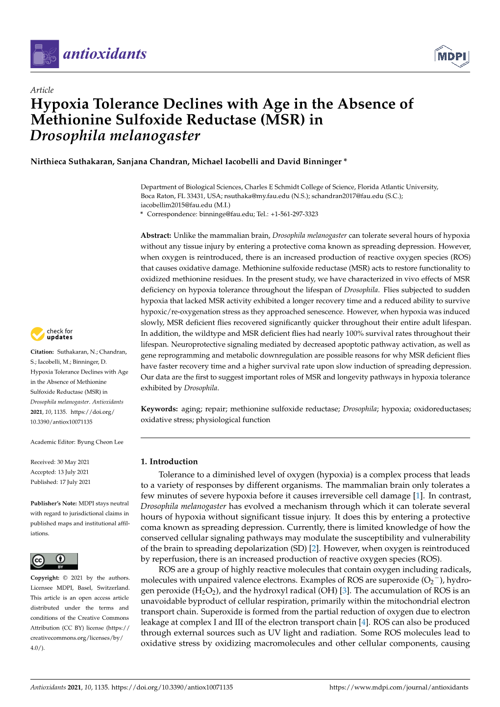 Hypoxia Tolerance Declines with Age in the Absence of Methionine Sulfoxide Reductase (MSR) in Drosophila Melanogaster