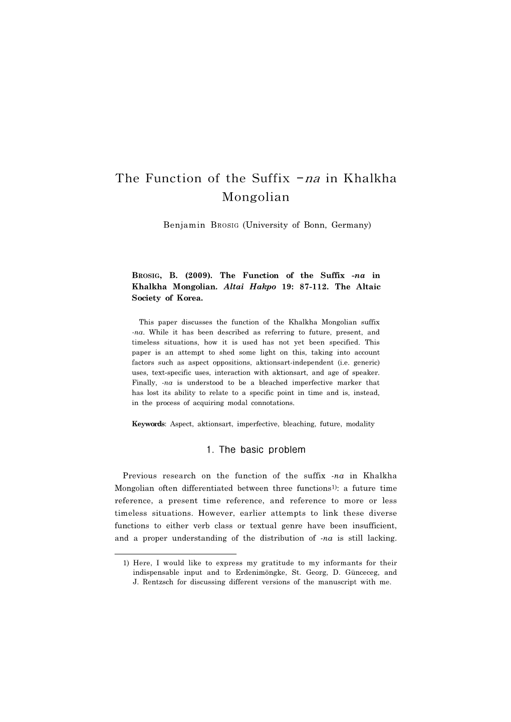 The Function of the Suffix -Na in Khalkha Mongolian