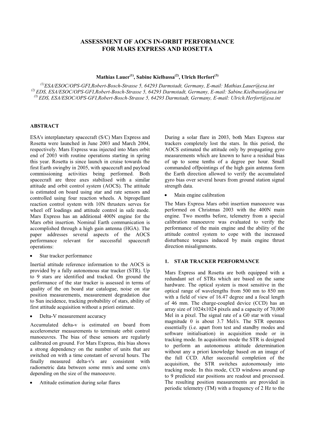 Assessment of Aocs In-Orbit Performance for Mars Express and Rosetta