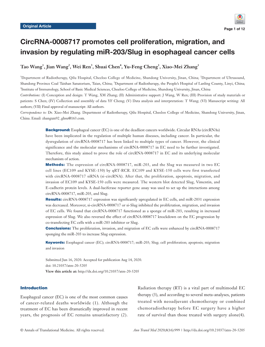 Circrna-0008717 Promotes Cell Proliferation, Migration, and Invasion by Regulating Mir-203/Slug in Esophageal Cancer Cells