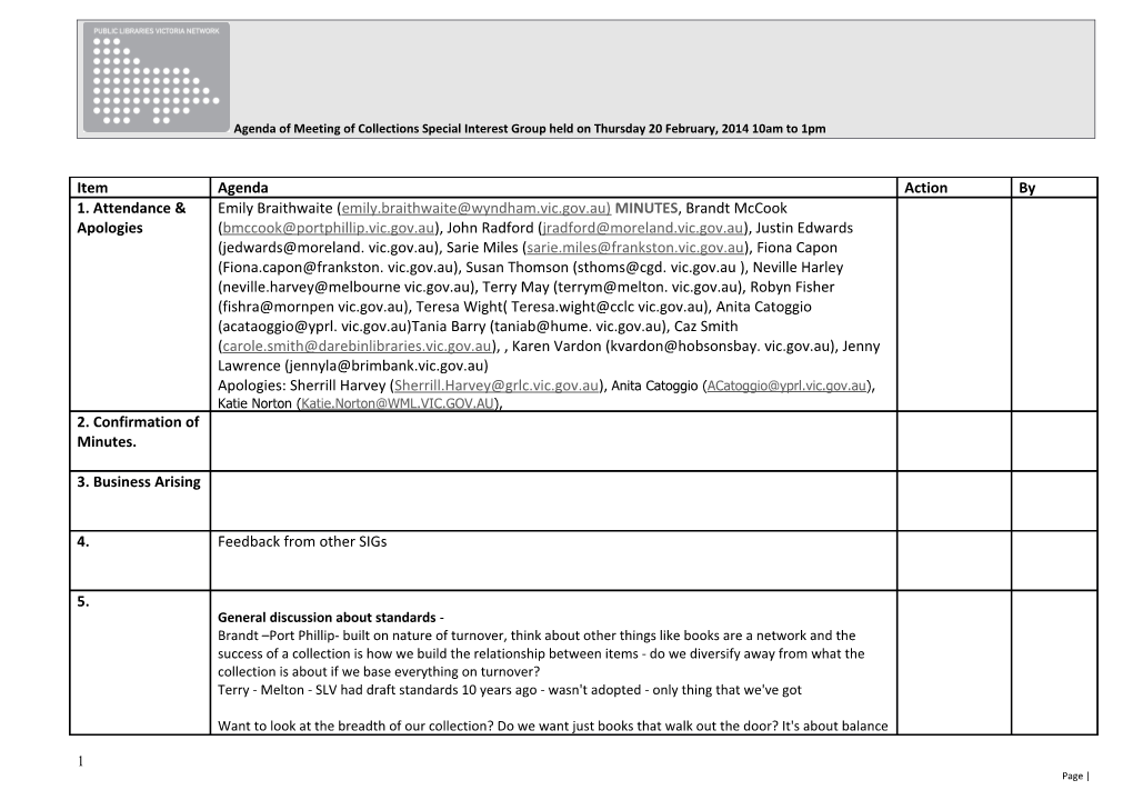 Agenda of Meeting of Collections Special Interest Group Held on Thursday 20 February