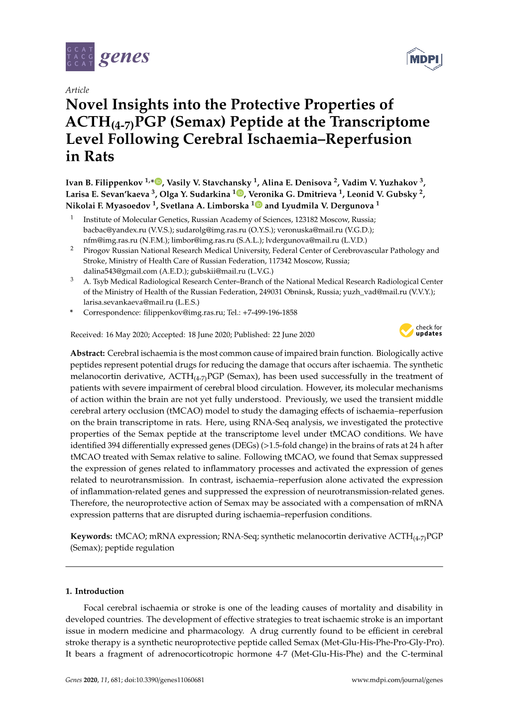 Semax) Peptide at the Transcriptome Level Following Cerebral Ischaemia–Reperfusion in Rats