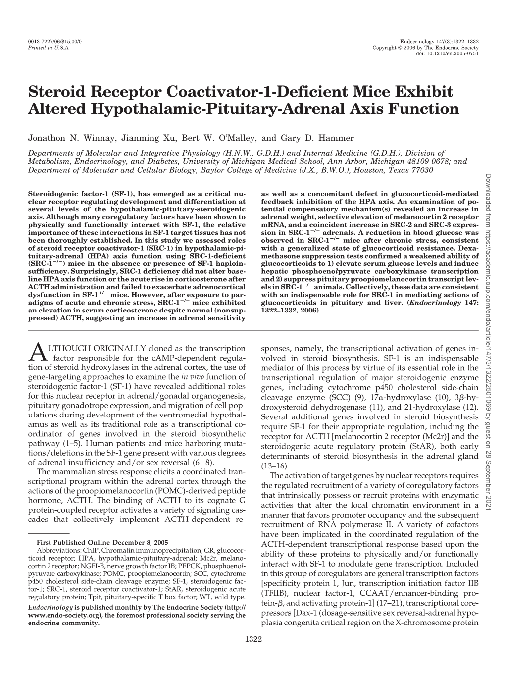 Steroid Receptor Coactivator-1-Deficient Mice Exhibit Altered Hypothalamic-Pituitary-Adrenal Axis Function