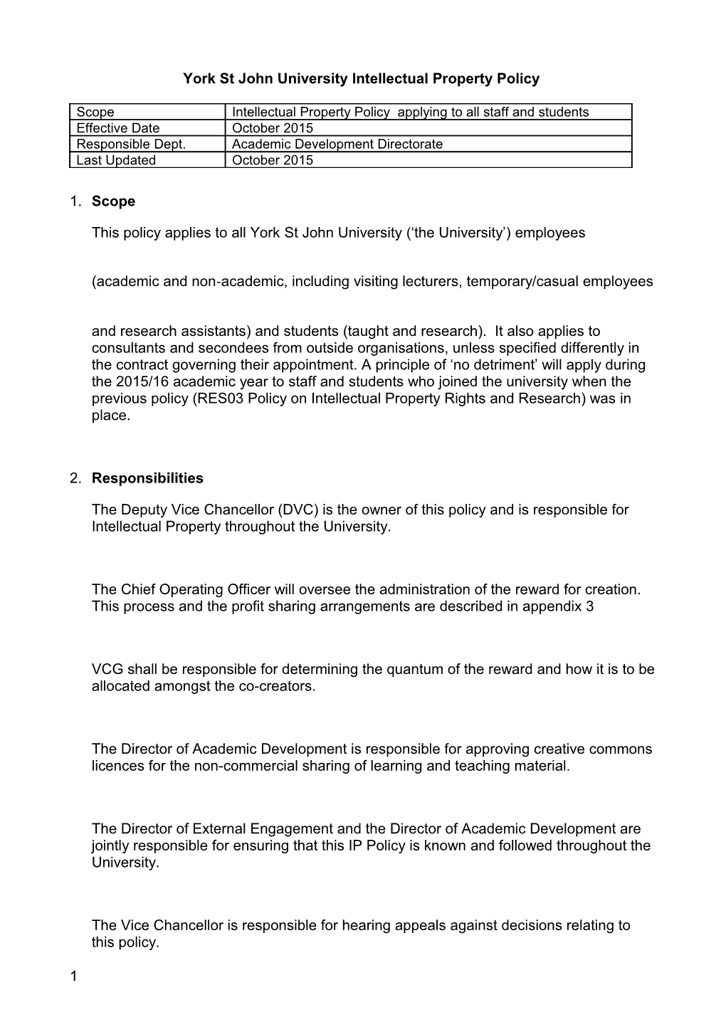 York St John University Intellectual Property Policy