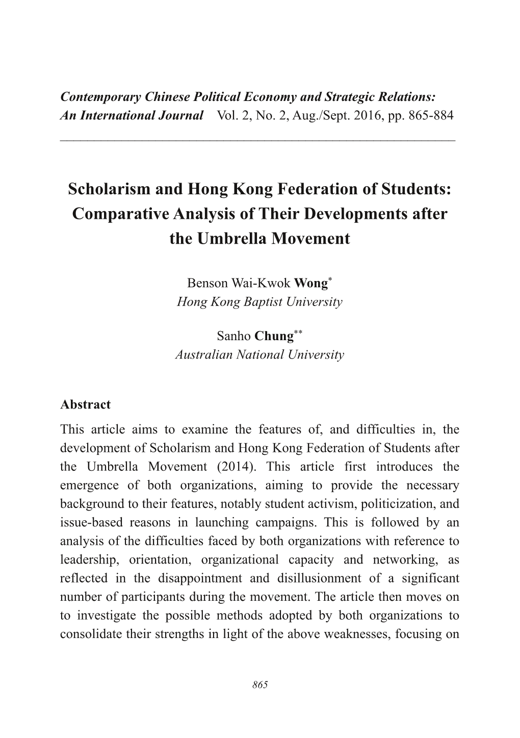 Scholarism and Hong Kong Federation of Students: Comparative Analysis of Their Developments After the Umbrella Movement