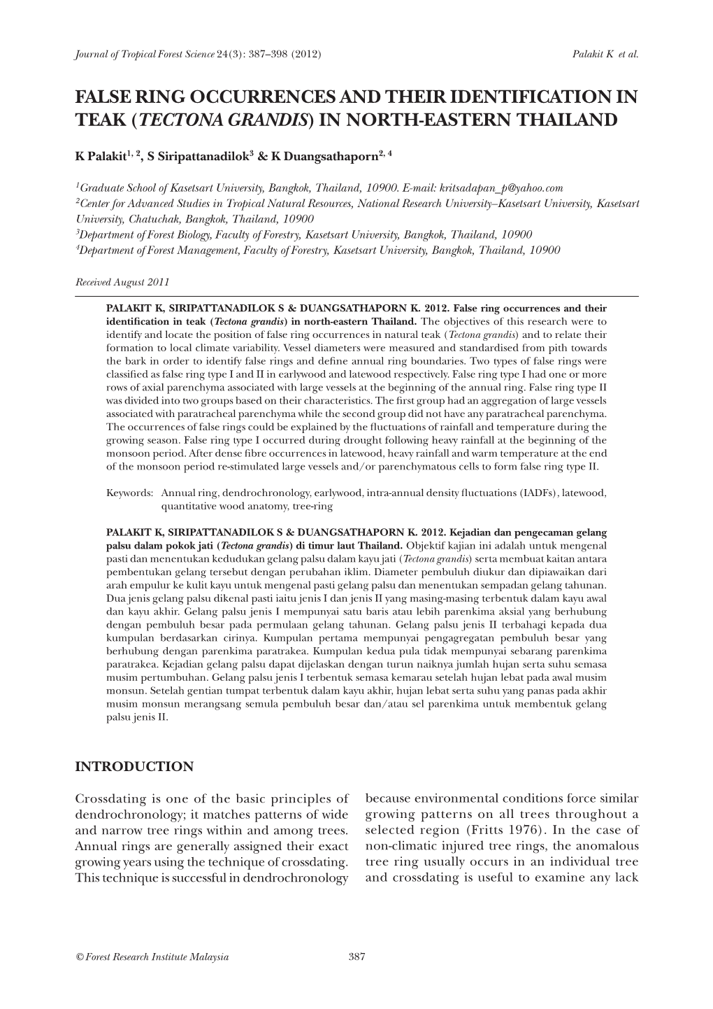 FALSE RING OCCURRENCES and THEIR IDENTIFICATION in TEAK (Tectona Grandis) in NORTH-EASTERN THAILAND