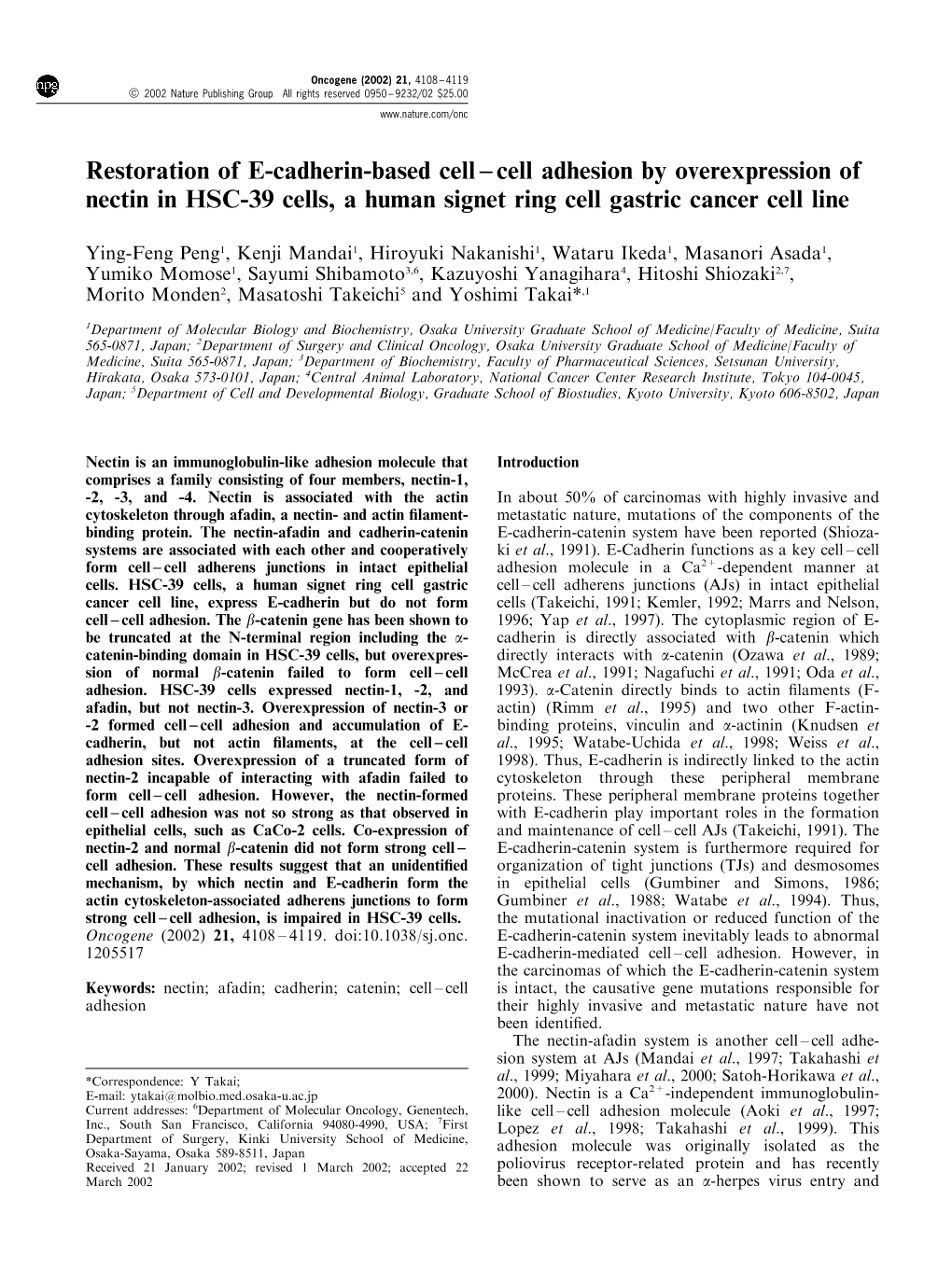 Restoration of E-Cadherin-Based Cell ± Cell Adhesion by Overexpression of Nectin in HSC-39 Cells, a Human Signet Ring Cell Gastric Cancer Cell Line