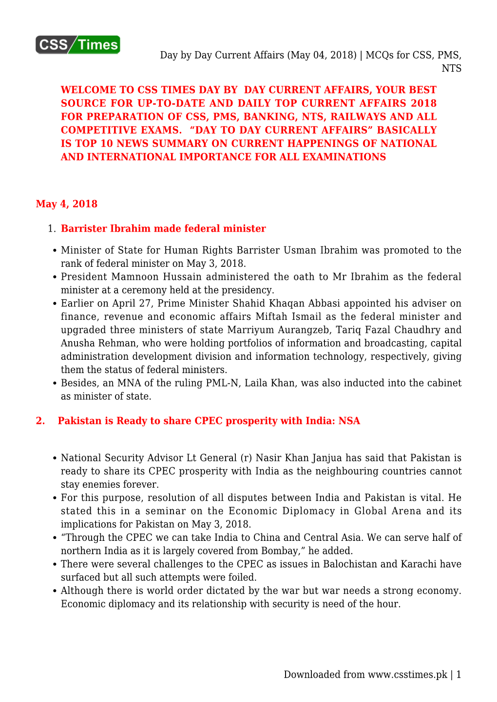 Day by Day Current Affairs (May 04, 2018) | Mcqs for CSS, PMS, NTS