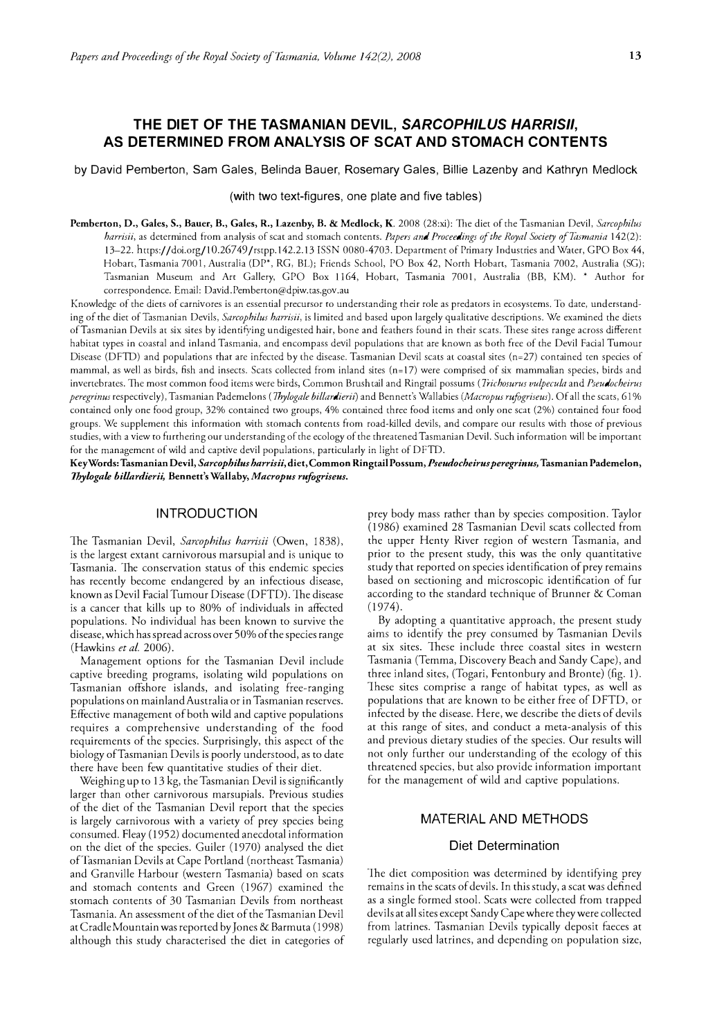 The Diet of the Tasmanian Devil, Sarcoph/Lus Harris/I, As Determined from Analysis of Scat and Stomach Contents