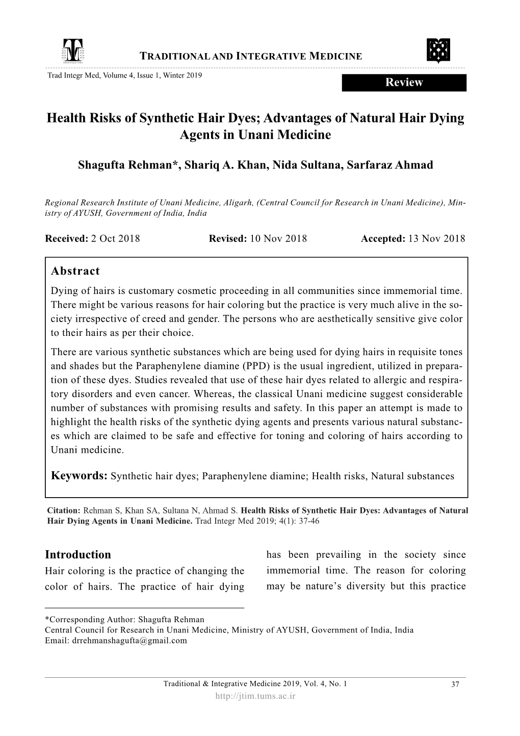 Health Risks of Synthetic Hair Dyes; Advantages of Natural Hair Dying Agents in Unani Medicine